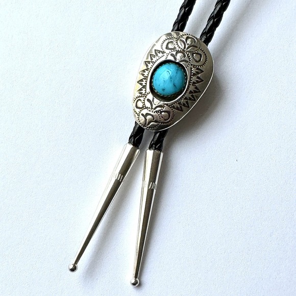 Native American Navajo Indian Turquoise Jewelry Jewelry - Navajo Turquoise Bolo Tie Shadow Box Hand Stamped Skeets Sterling Native Amer
